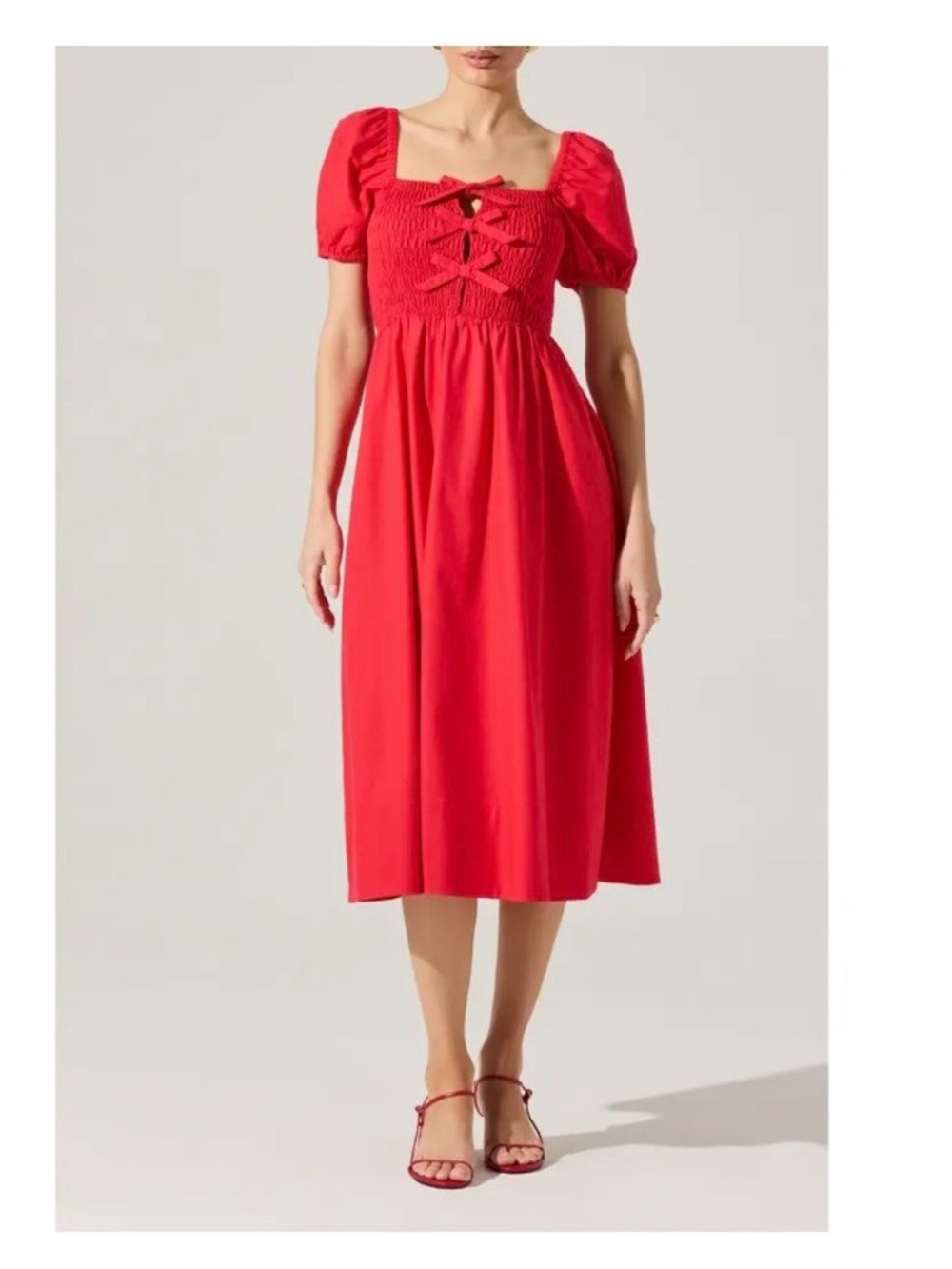 ASTR Red Bow Detail Smock Bodice Cotton Blend Dress
